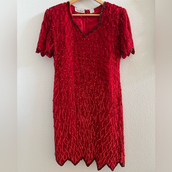Laurence Kazar Red Beaded Silk Chiffon Dress XXL Vintage Party Cocktail Formal - Picture 1 of 11